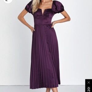 Lulus Flawless Forever Dark Purple Satin Pleated Midi Dress